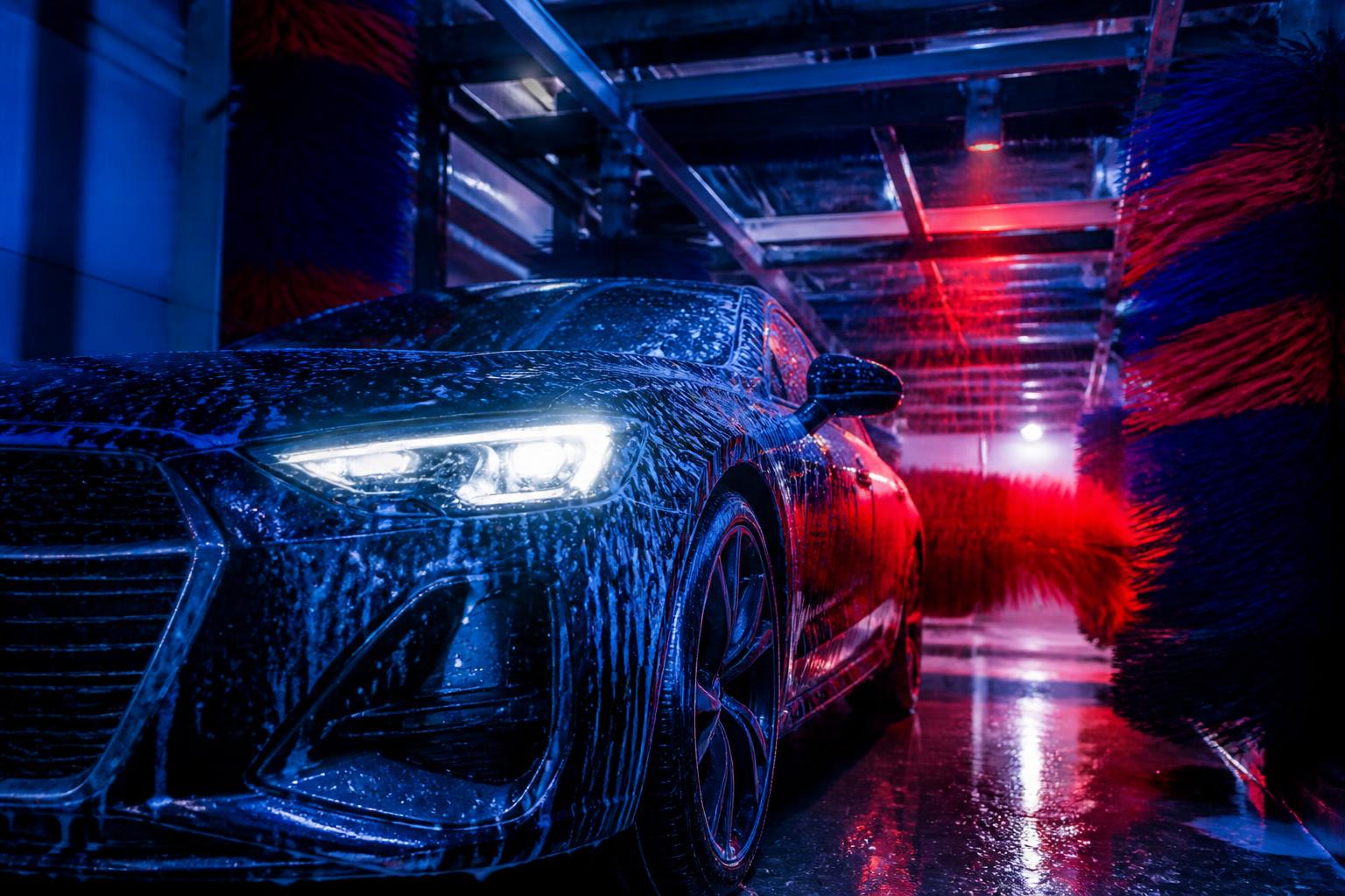 Car going through a modern wash tunnel